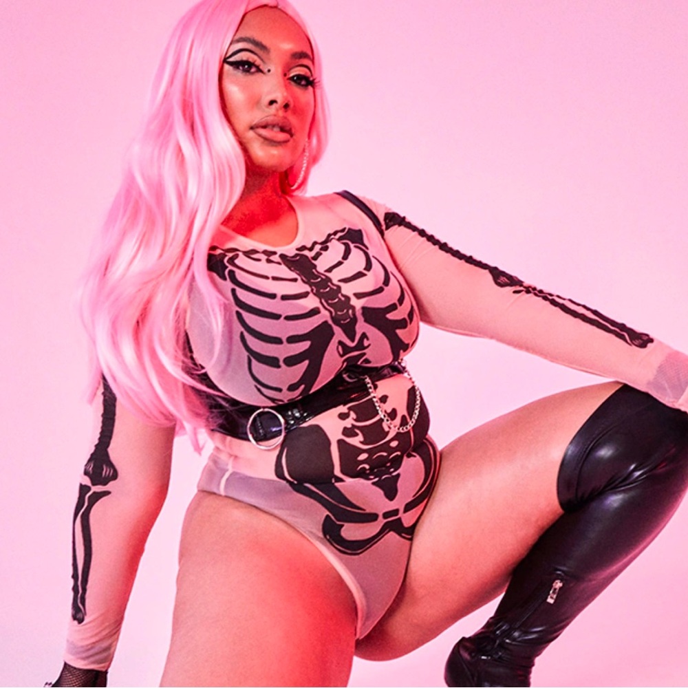 PLUS NUDE SKELETON PRINT SHEER MESH BODYSUIT